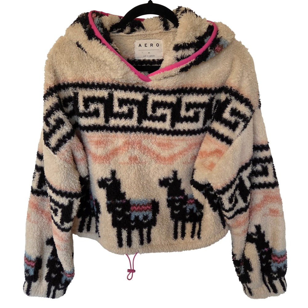 Aero Llama Parade Sherpa Fleece Pullover Hoodie M Cozy Fall Winter Cottage Indie